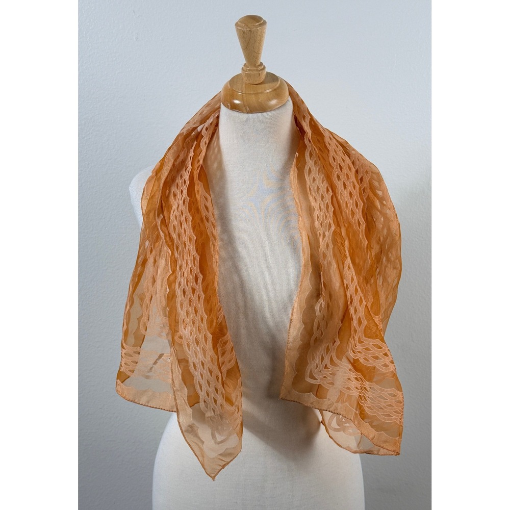 Hand Printed Scarf Sz 44x14 Peach Orange Scalloped Sheer Wedding Formal Guest